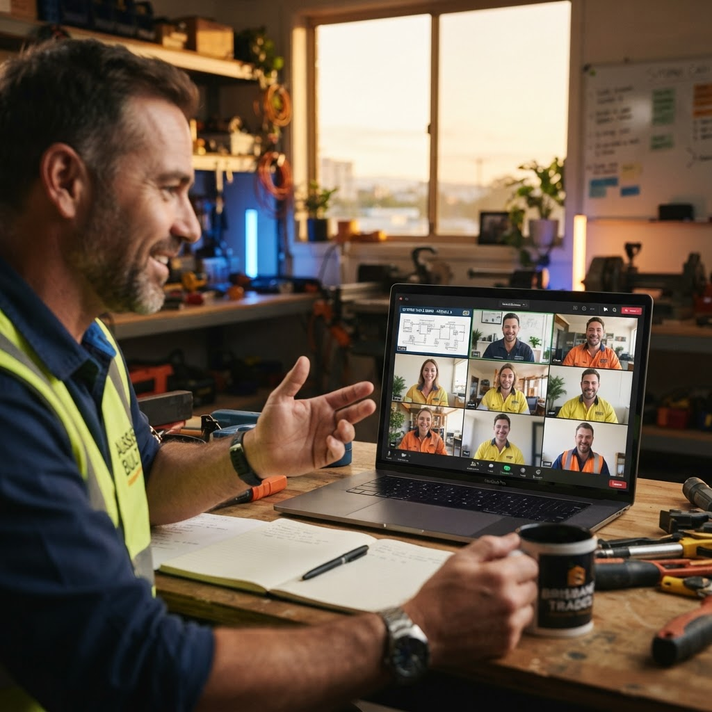 Tradies smiling on a live online video call as they watch a demo of the Supercharged Tradies platform